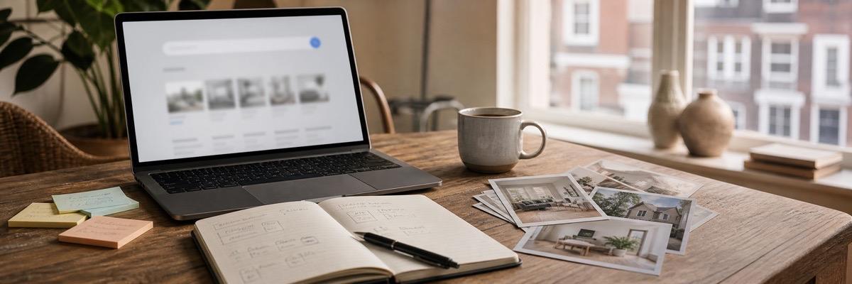 Zoekopdracht inspiratie met laptop, notities en woningfoto's
