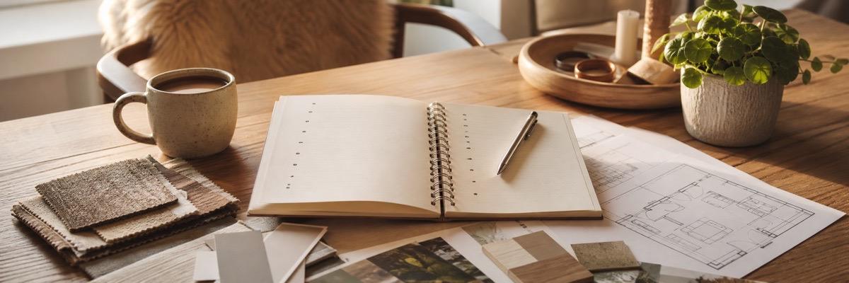 Notebook, plattegrond en materialen voor woonwensen