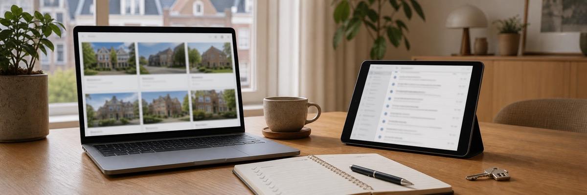 Laptop en tablet met woningaanbod en e-mailselectie
